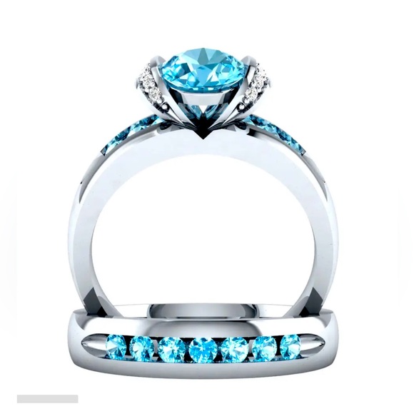 New 925 Sterling Silver Aquamarine 2pc Ring Set - Picture 2 of 5